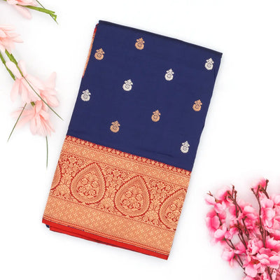 Navy Blue Handloom Banarasi Silk Saree With Flower Buttas