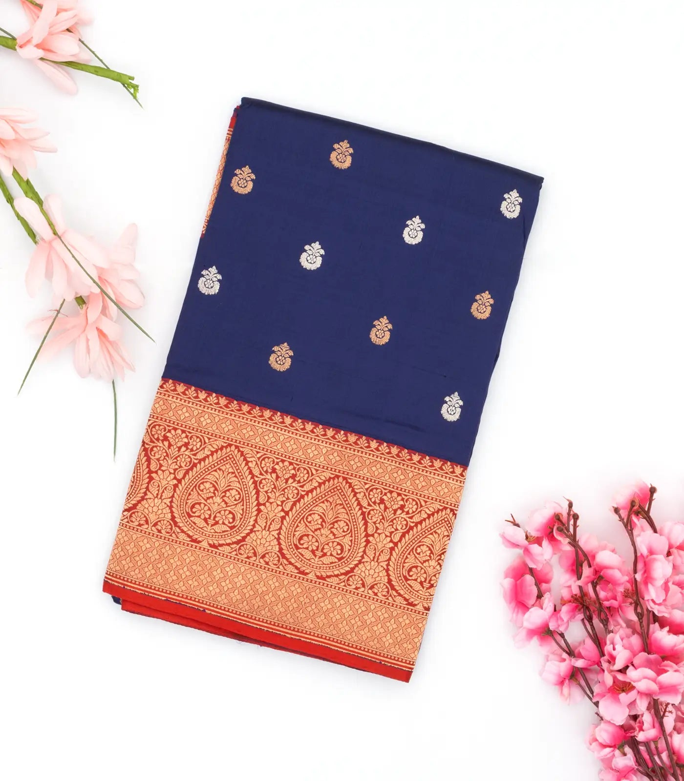 Navy Blue Handloom Banarasi Silk Saree With Flower Buttas
