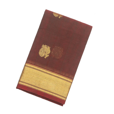 Brown Handloom Kanchi Cotton Saree With Annam Buttas