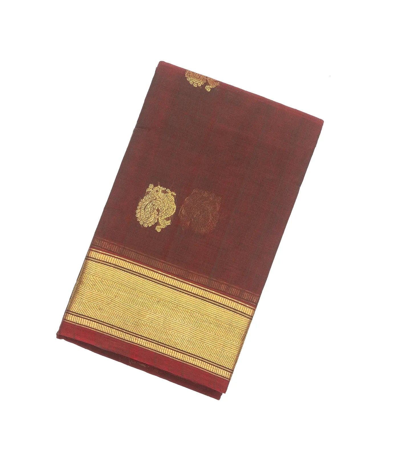 Brown Handloom Kanchi Cotton Saree With Annam Buttas