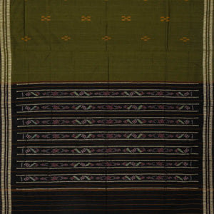 Dark Olive Handwoven Orissa Cotton Saree With Floral Motifs & Contrast Border