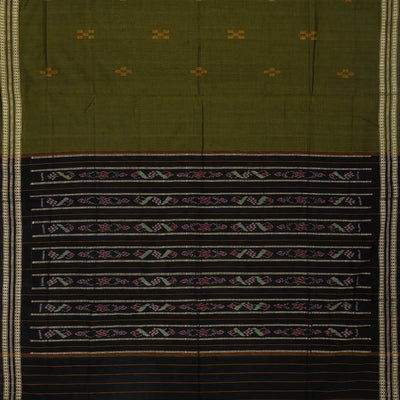 Dark Olive Handwoven Orissa Cotton Saree With Floral Motifs & Contrast Border