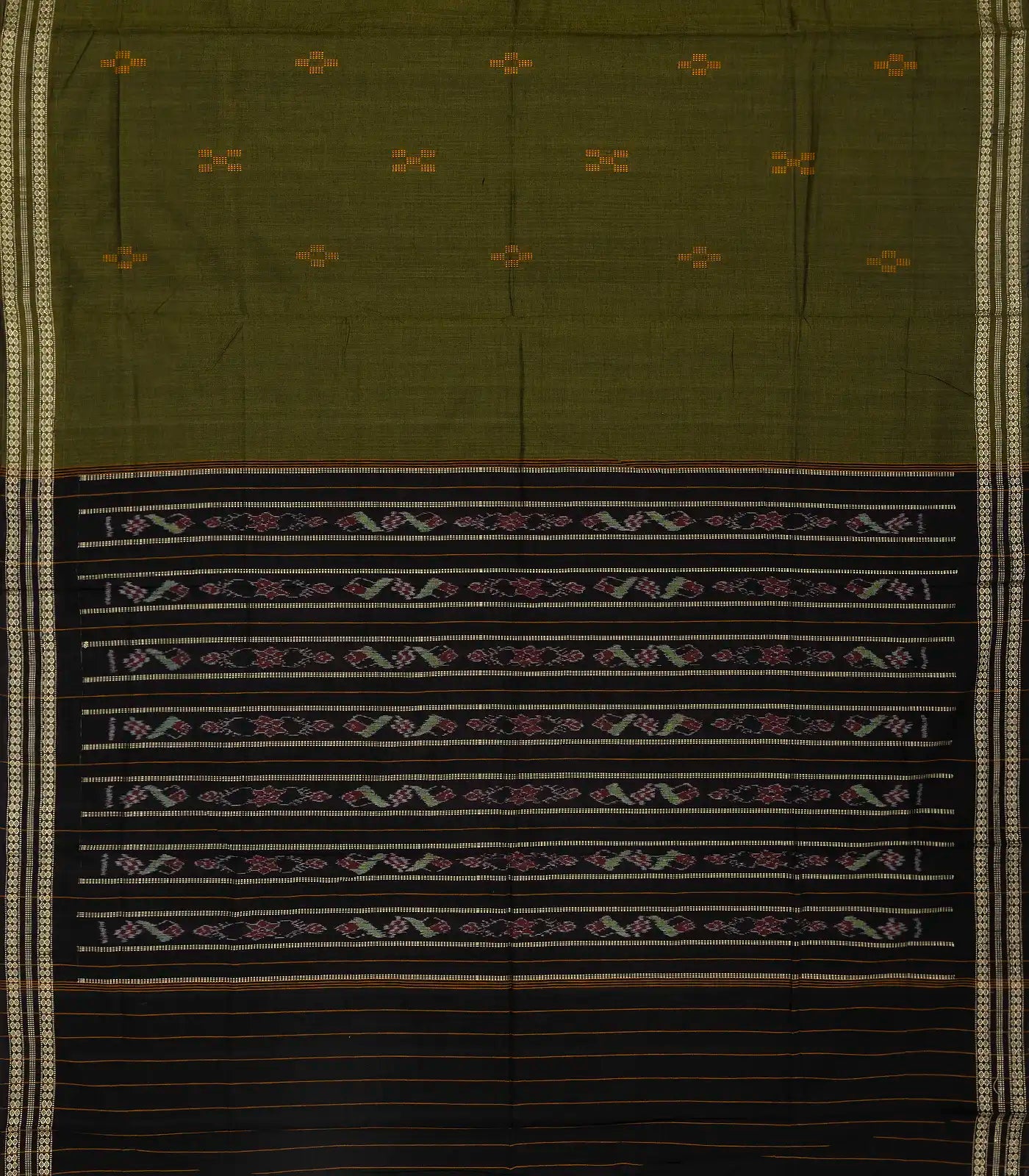 Dark Olive Handwoven Orissa Cotton Saree With Floral Motifs & Contrast Border