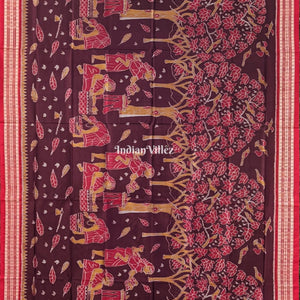 Wine Red Color Tribal Theme Sambalpuri Ikat Silk Saree