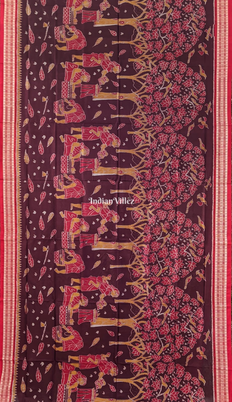 Wine Red Color Tribal Theme Sambalpuri Ikat Silk Saree