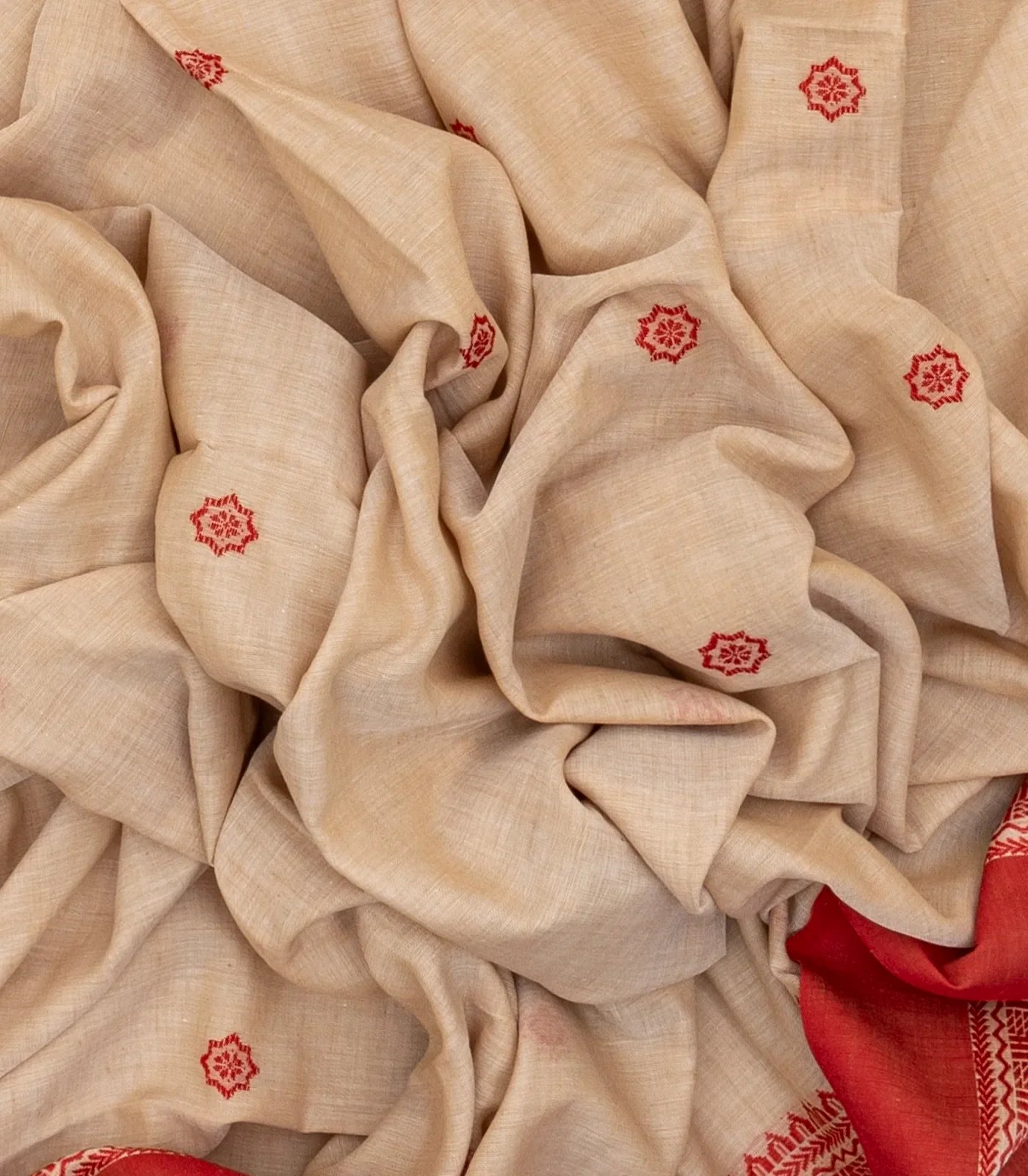 Taupe Handloom Bengal Cotton Saree With Red Border