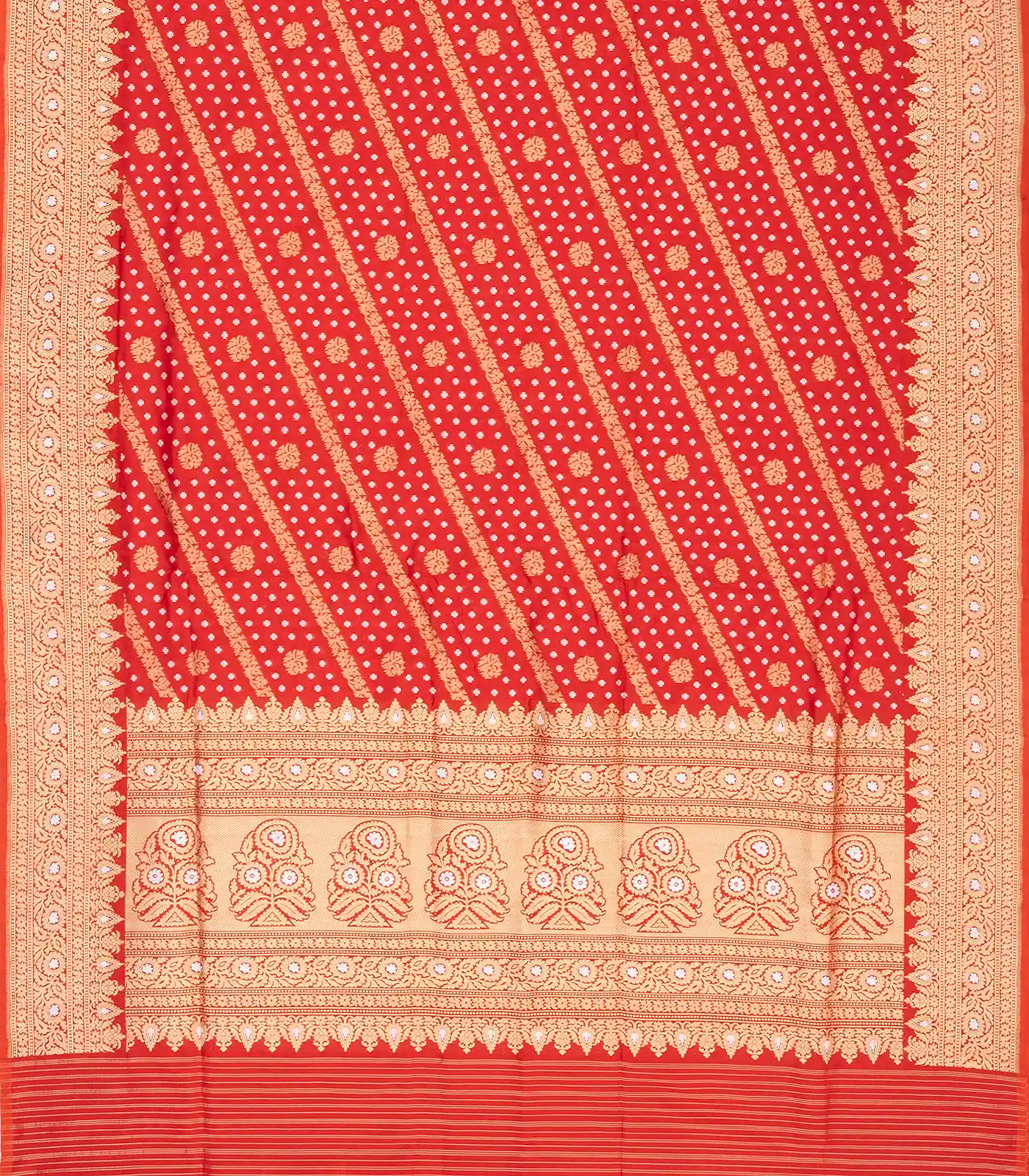 Red Handwoven Banarasi Silk Saree With Diagonal Floral Motifs