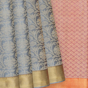 Grey Handwoven Tussar Silk Saree With Floral Vine Motifs & Contrast Pink Pallu-Grey