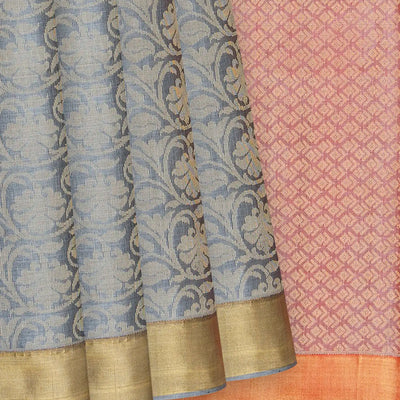 Grey Handwoven Tussar Silk Saree With Floral Vine Motifs & Contrast Pink Pallu-Grey