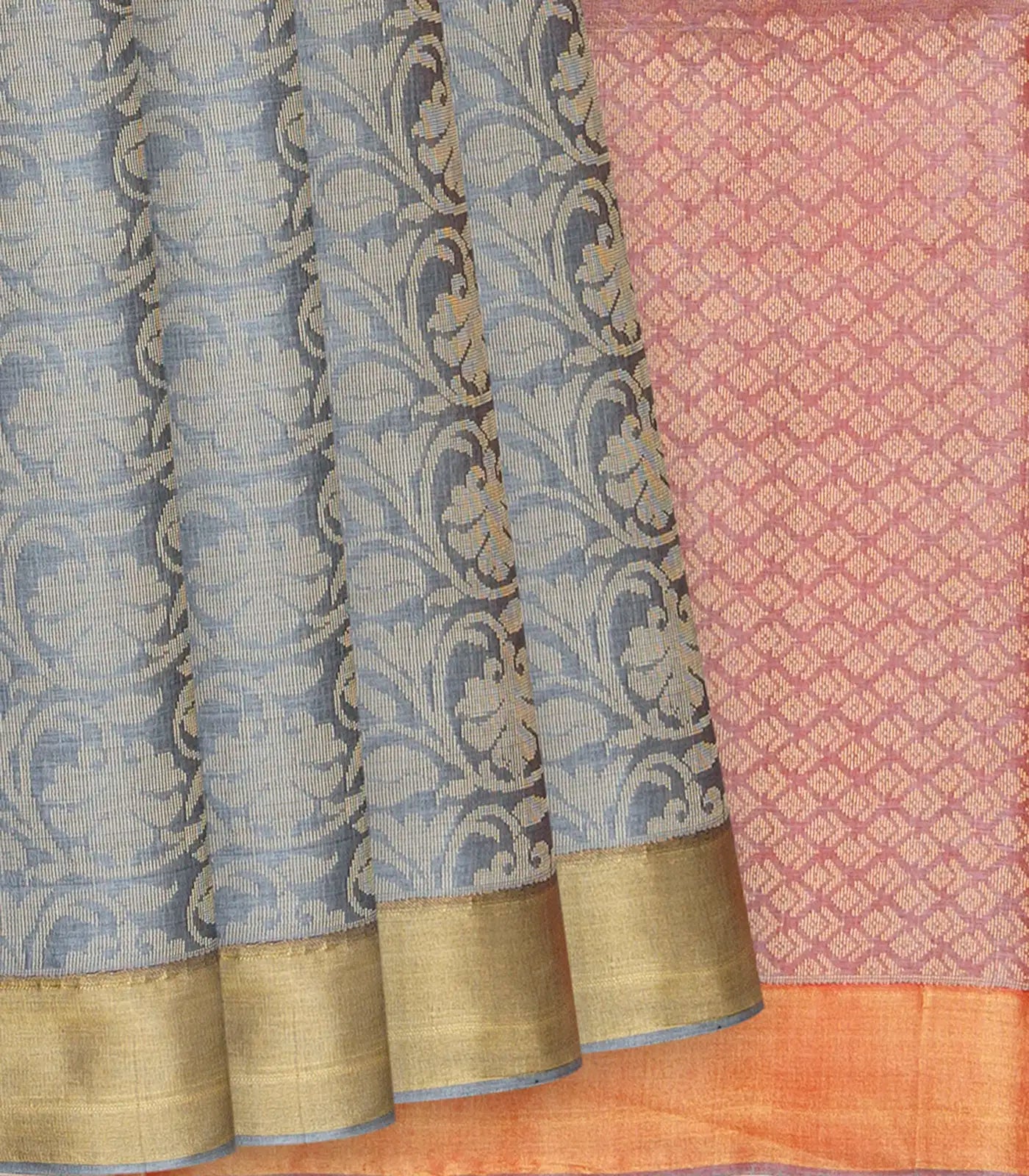 Grey Handwoven Tussar Silk Saree With Floral Vine Motifs & Contrast Pink Pallu-Grey