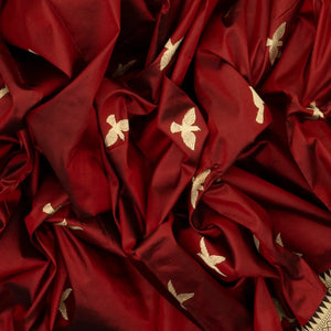 Maroon Handloom Banarasi Silk Saree With Bird Buttas & Contrast Border