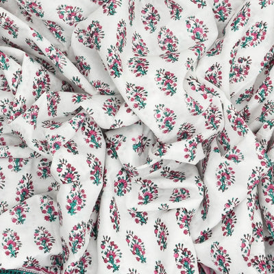 White Woven Jaipur Cotton Saree Printed With Pink Flower  Motifs