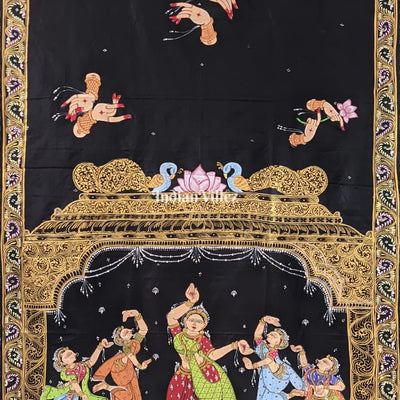 Black Nartaki Mudra Hand-Painted Pattachitra Saree