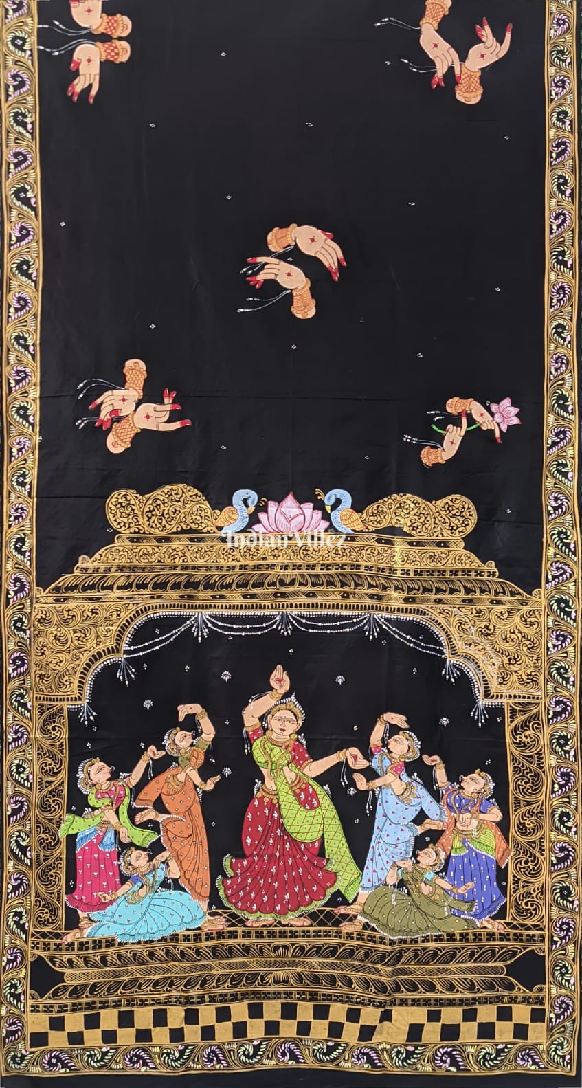 Black Nartaki Mudra Hand-Painted Pattachitra Saree