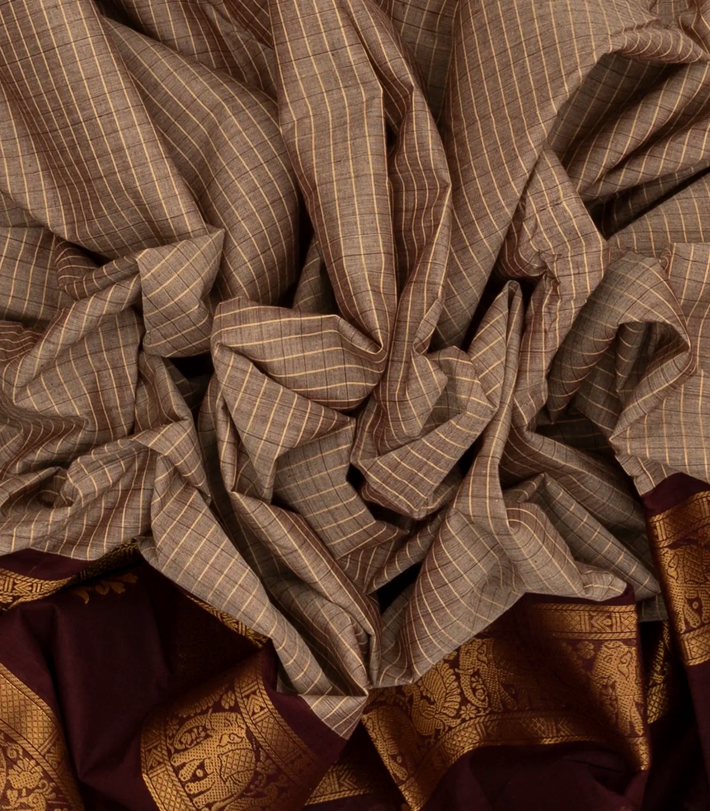 Dusty Pink Handloom Chettinad Cotton Saree With Zari Checks