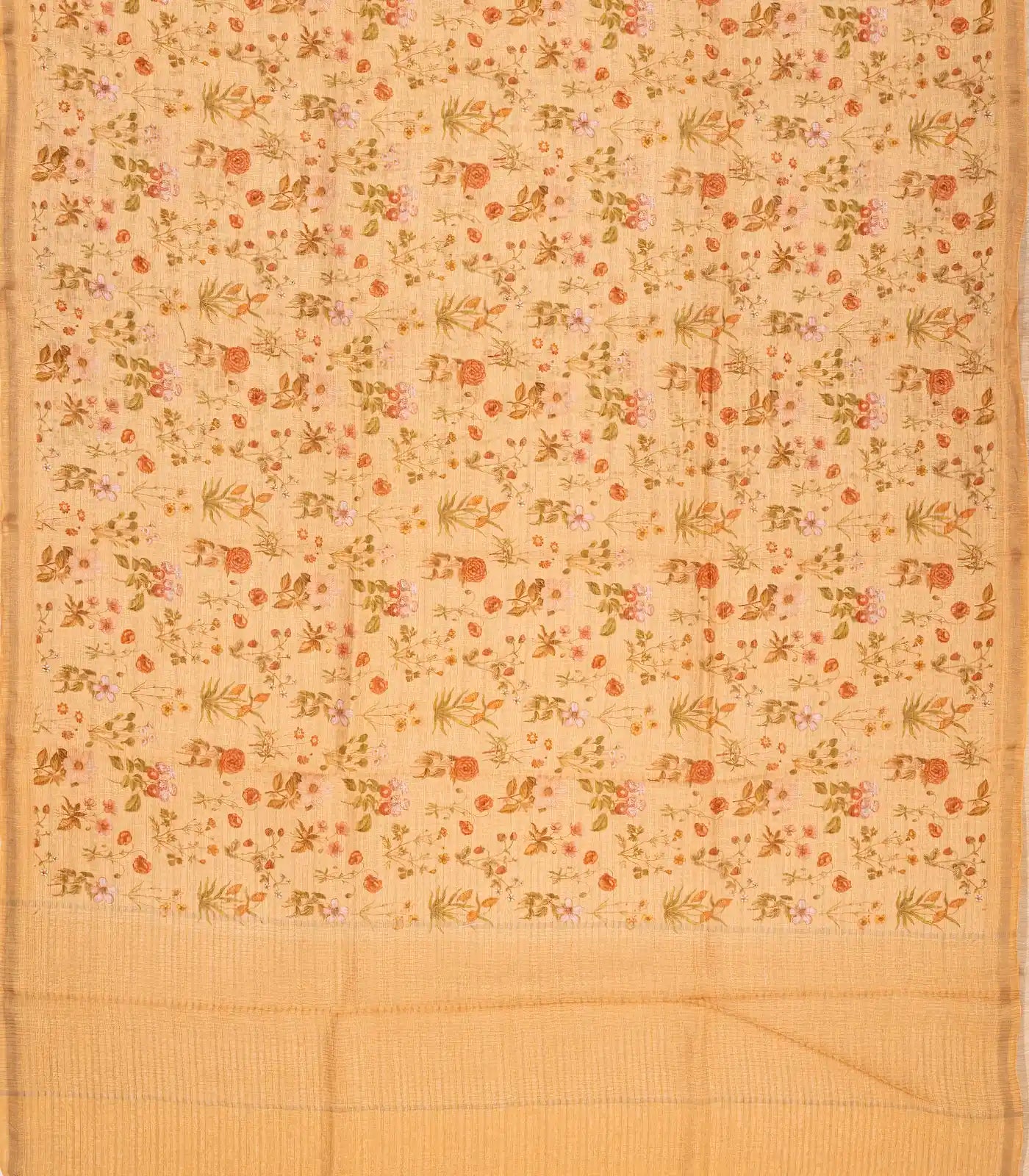 Beige Handwoven Linen Saree Printed With Floral Motifs