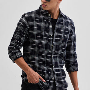 Black Slub Textured Checks Shirt