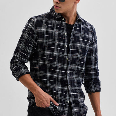 Black Slub Textured Checks Shirt