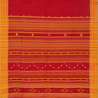 Red Handloom Bhujodi Cotton Saree With Square Buttas