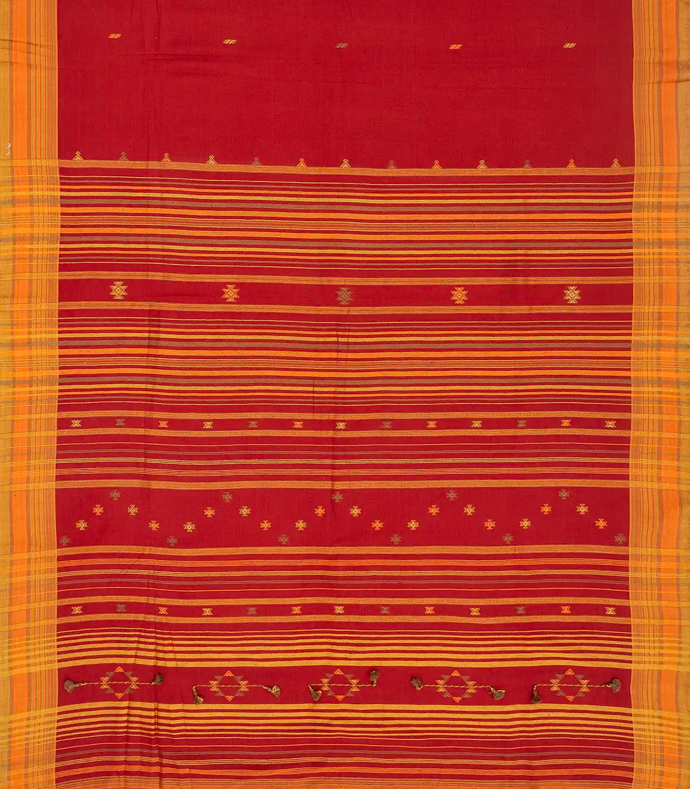 Red Handloom Bhujodi Cotton Saree With Square Buttas