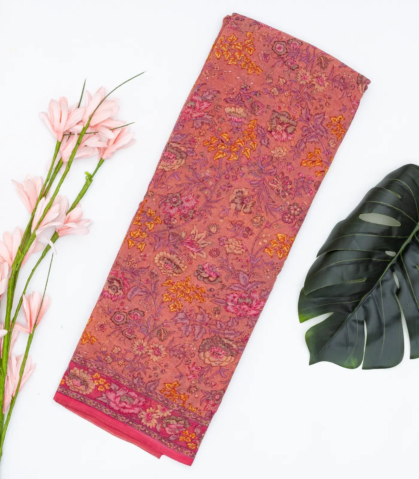 Dusty Pink Woven Digital Printed Chiffon Silk Saree With Floral Motifs