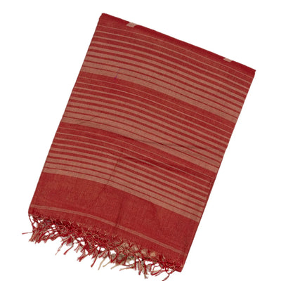Red Handloom Bengal Cotton Saree With Floral Buttas & Stripes