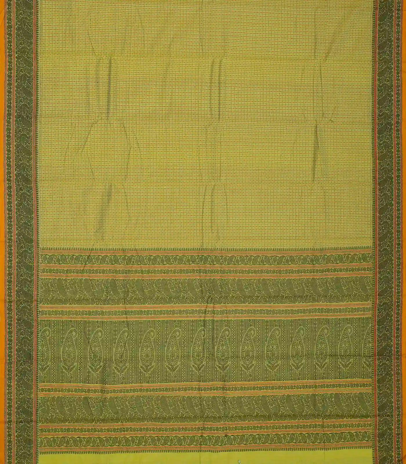 Cardamom Green Handloom Kanchi Cotton Saree With Checks & Square Motifs