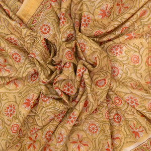 Sandal Handloom Chanderi Cotton Saree With Printed Floral Motif