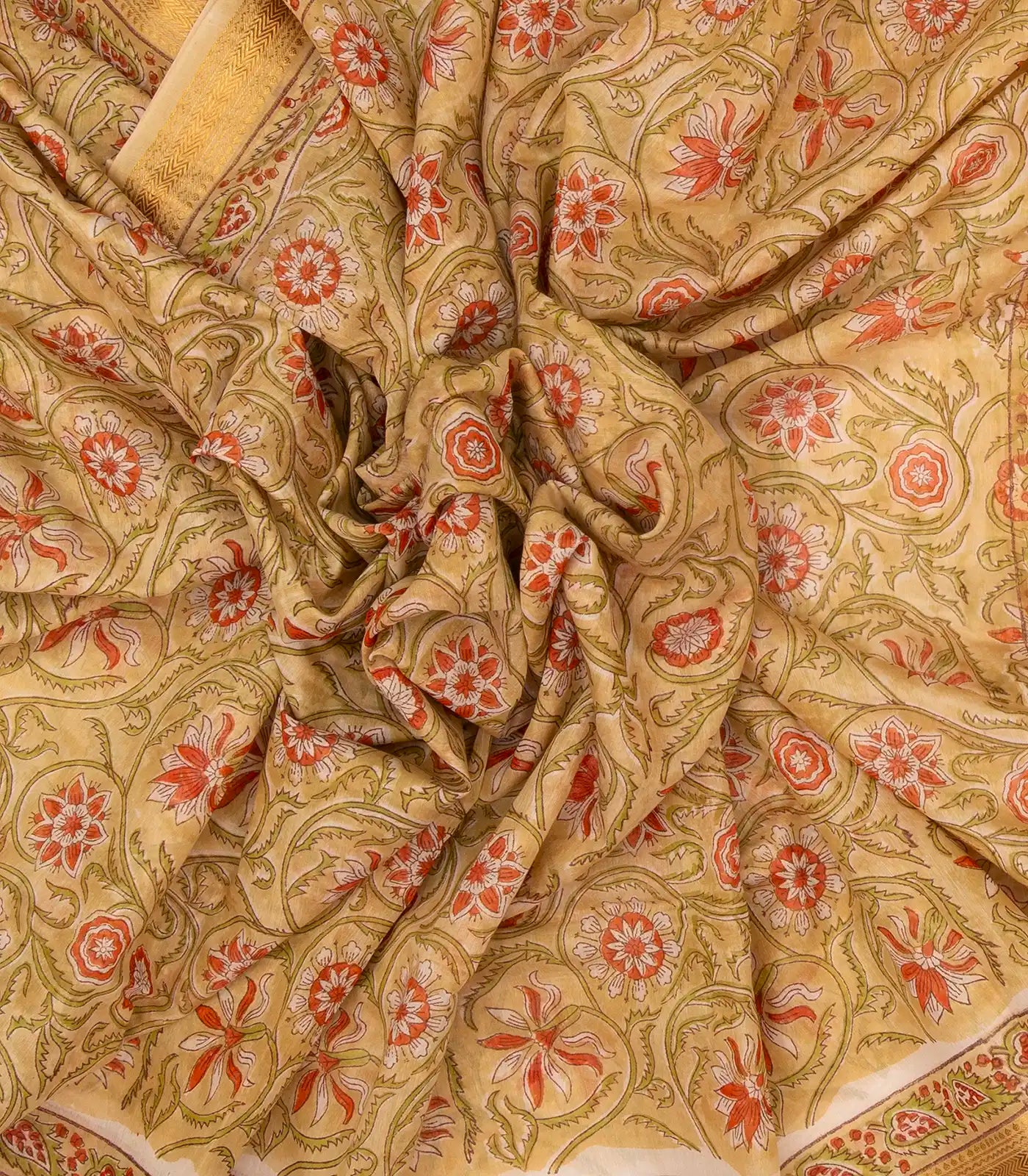 Sandal Handloom Chanderi Cotton Saree With Printed Floral Motif