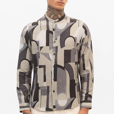 Beige Abstract Mandarin Shirt