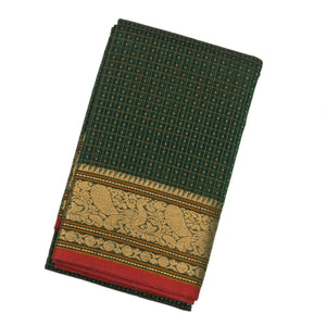 Dark Green Handloom Kanchi Cotton Saree With Checks