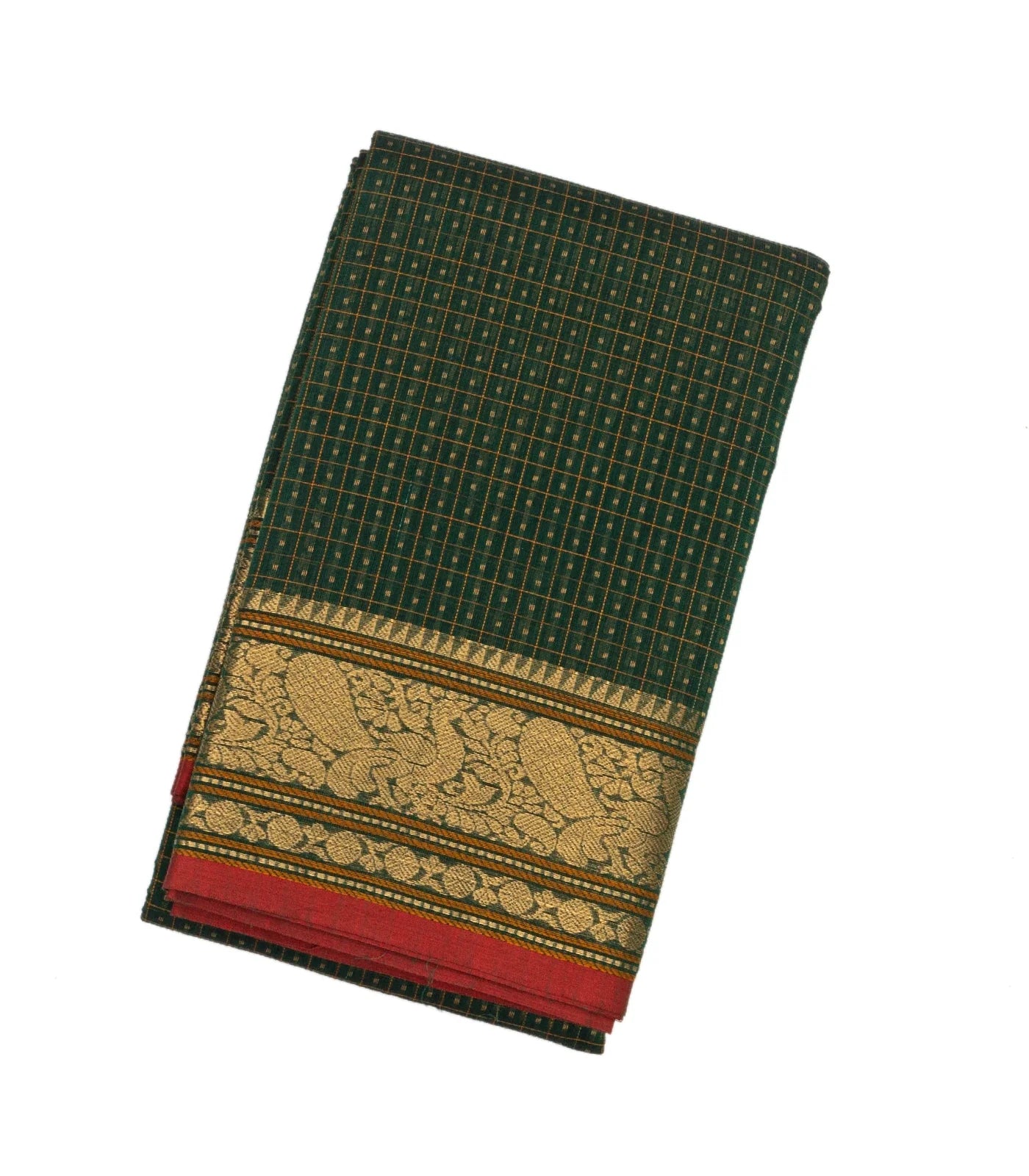Dark Green Handloom Kanchi Cotton Saree With Checks