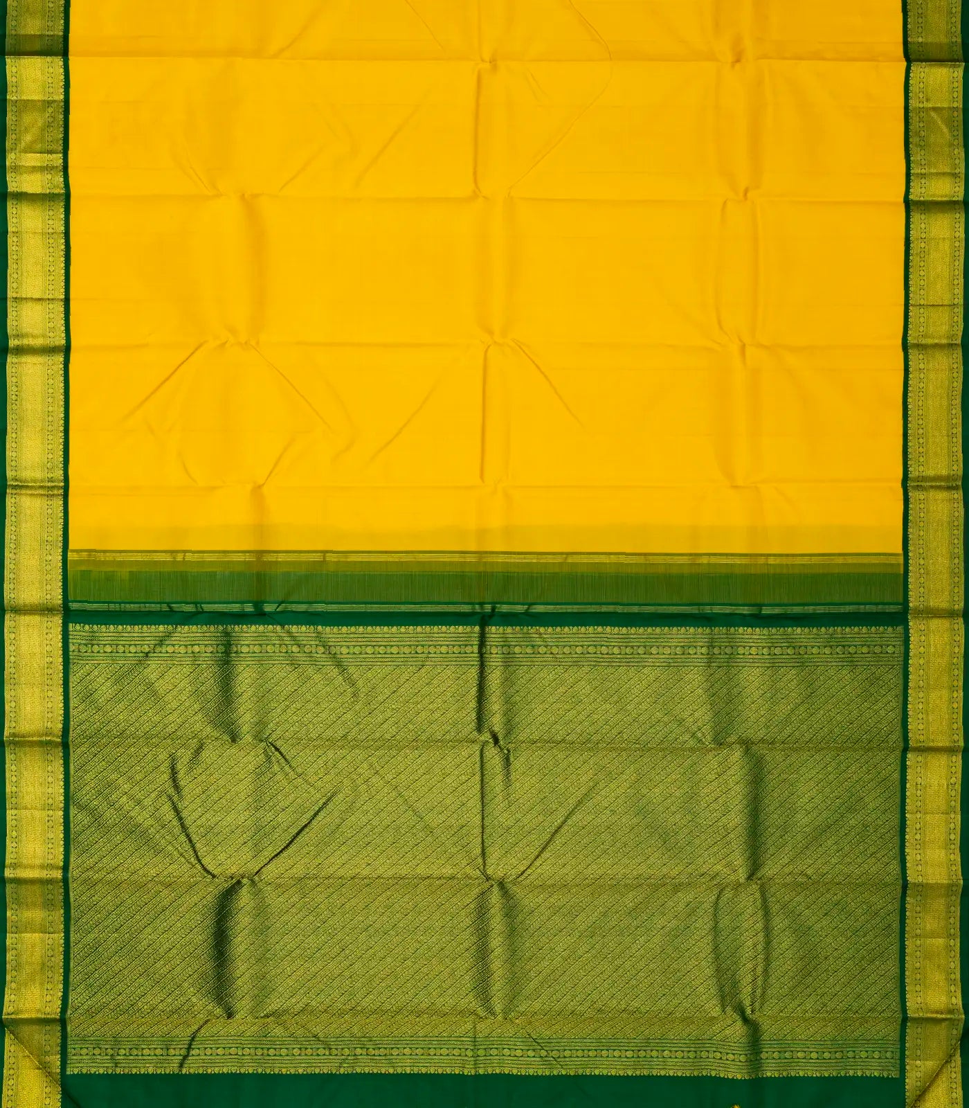 Lemon Yellow Handloom Kanchipuram Korvai Silk Saree With Green Border