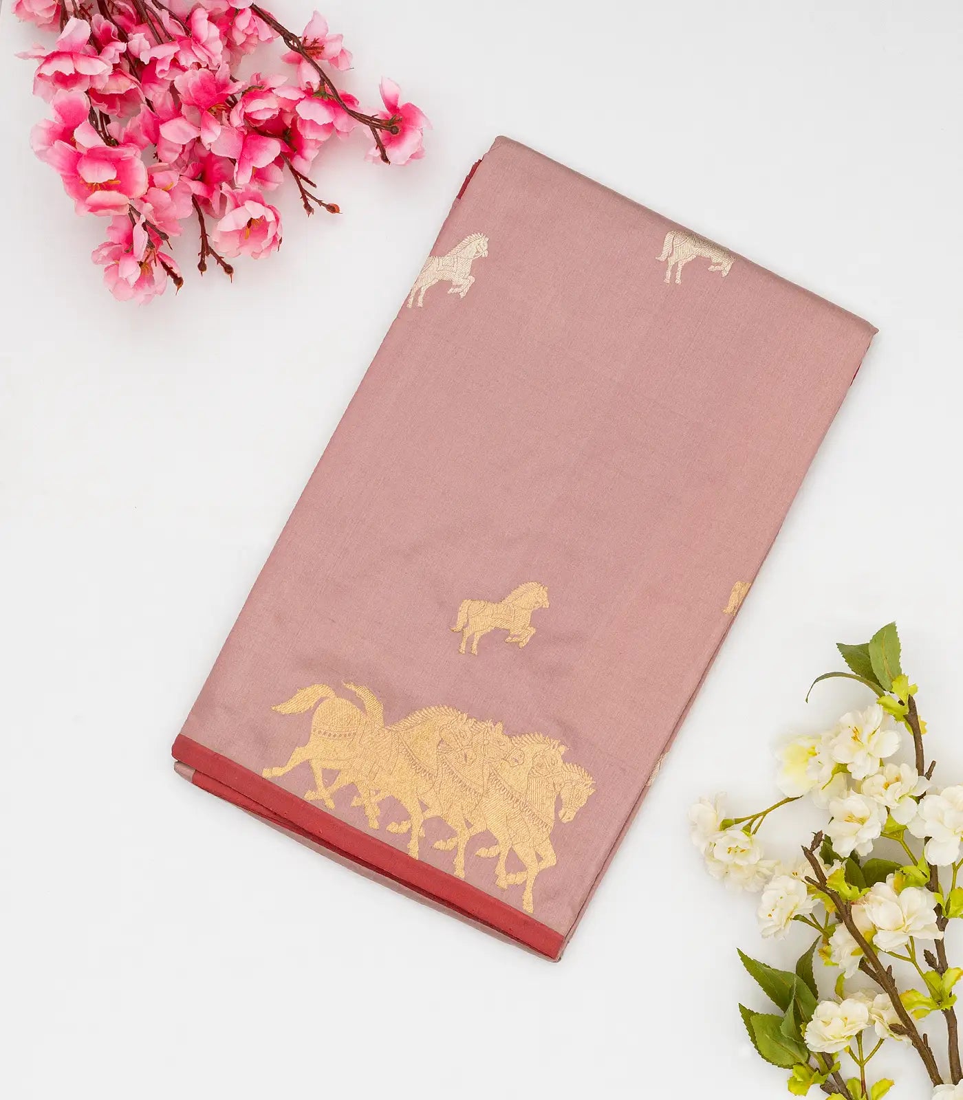 Dusty Pink Handloom Banarasi Silk Saree With Horse Buttas