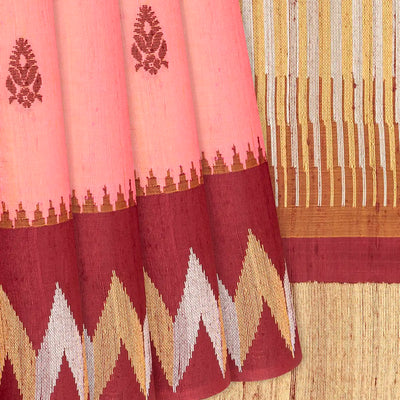 Peach Handwoven Tussar Silk Saree With Floral Motifs-Peach