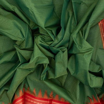 Leafy Green Handloom Korvai Kanchi Cotton Saree With Contrast Border