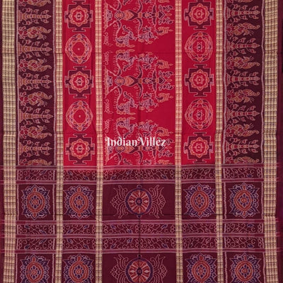 Red Odisha Ikat Sambalpuri Cotton Saree with Fish Line Motif & Border