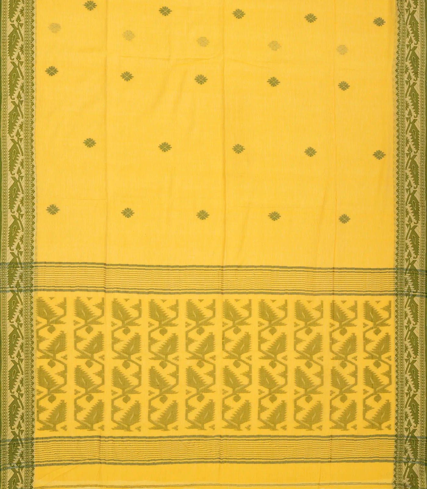 Yellow Handloom Bengal Cotton Saree With Floral Motifs