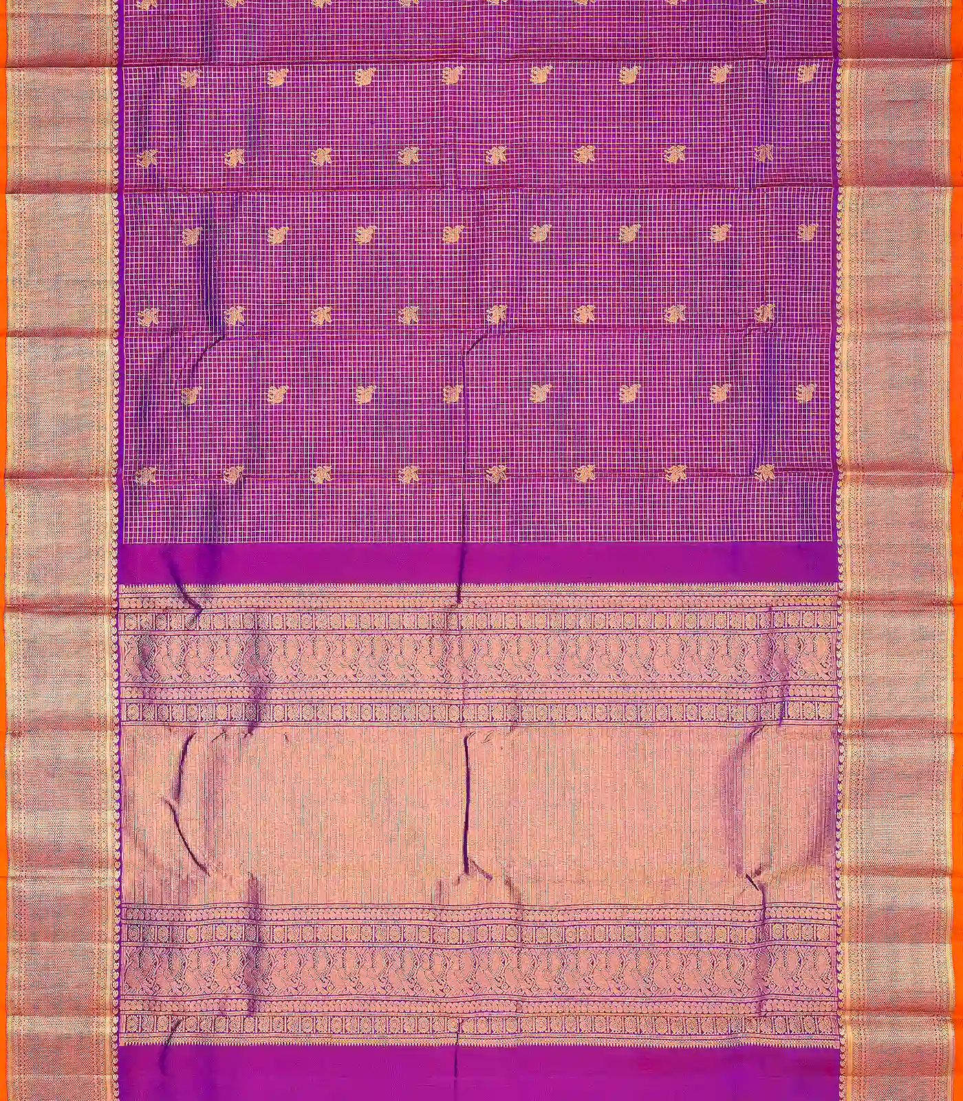 Purple Handloom Kanchipuram Silk Saree With Checks & Buttas