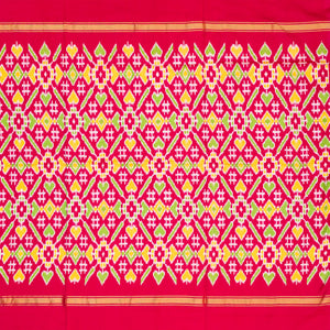 Grey Handloom Ikat Silk Saree With Contrast Pink & Purple Border