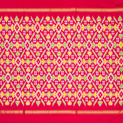 Grey Handloom Ikat Silk Saree With Contrast Pink & Purple Border