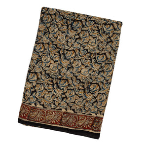 Black Handloom Kalamkari Cotton Saree And Printed Floral Motifs