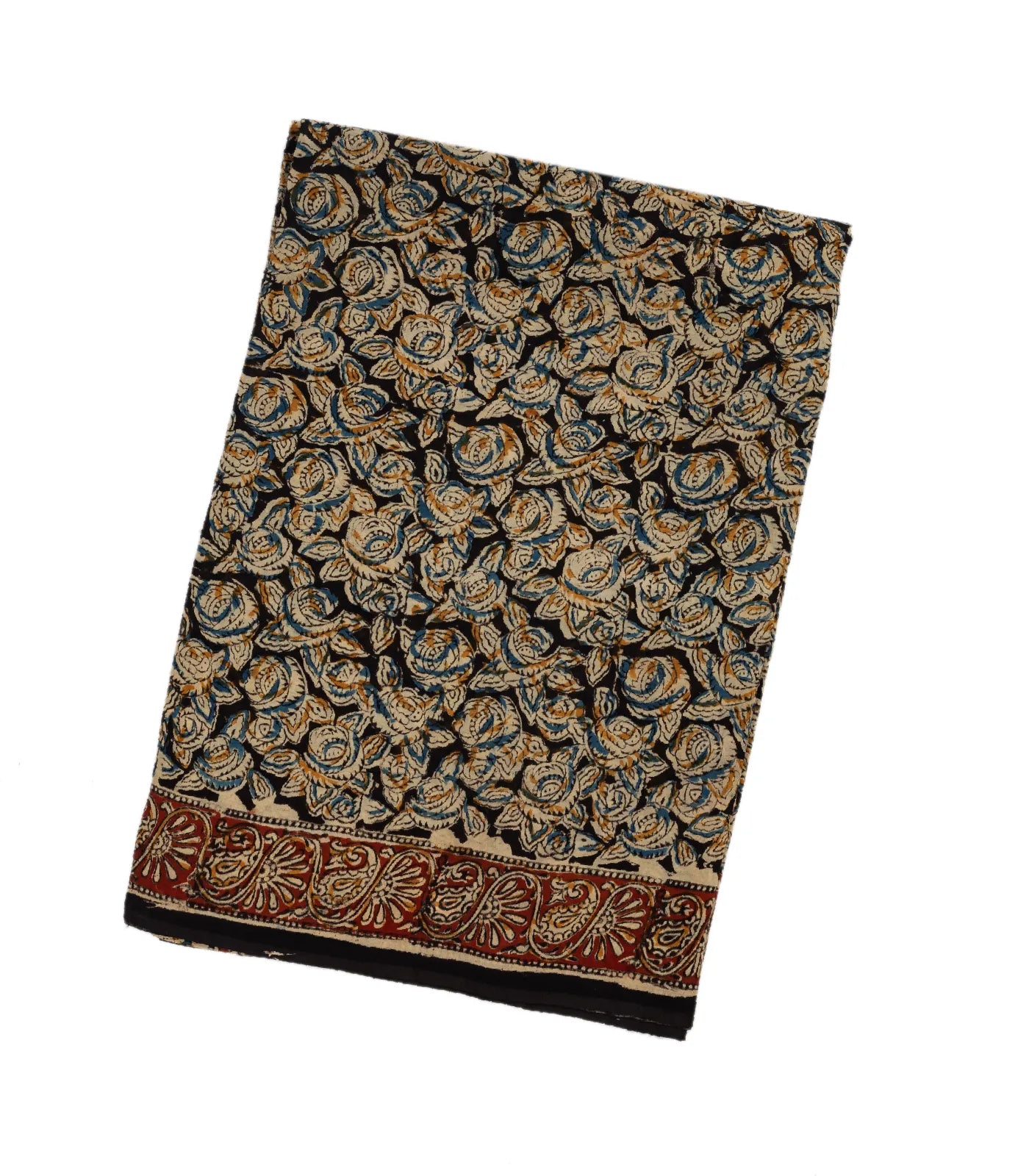 Black Handloom Kalamkari Cotton Saree And Printed Floral Motifs