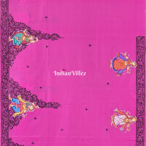 Royal Pink Radha Krisha Pattachitra Art on Pure Silk Saree