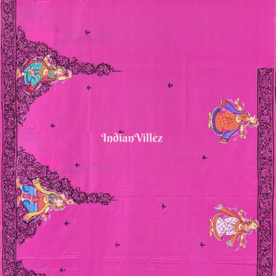 Royal Pink Radha Krisha Pattachitra Art on Pure Silk Saree