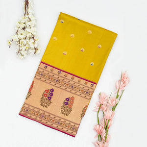 Mustard Handloom Banarasi Silk Saree With Meena Floral Buttas