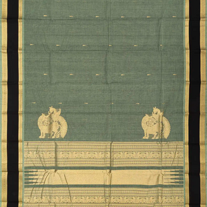 Shadow Green Handloom Kanchi Cotton Saree With Tree Buttas & Black Border