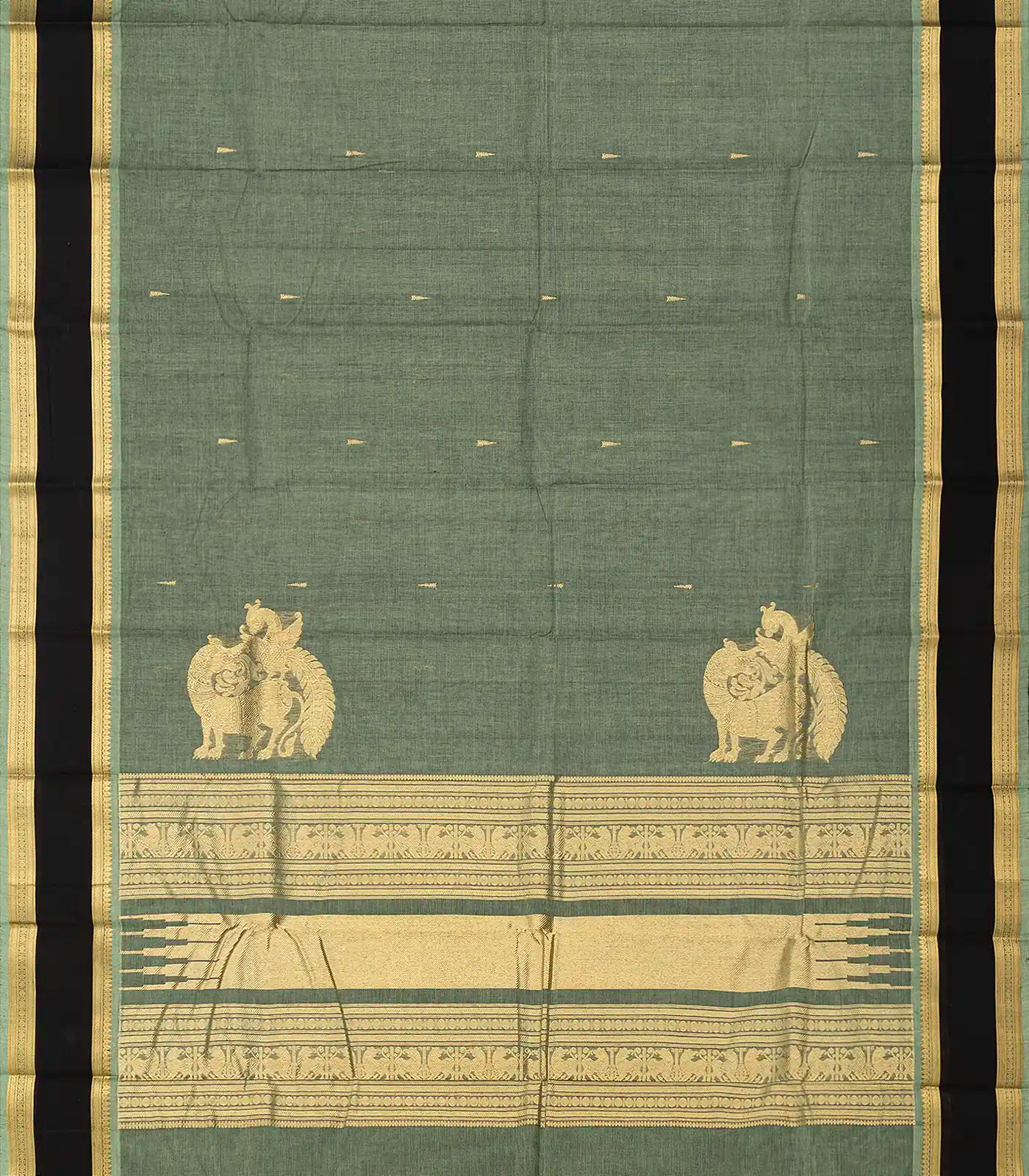 Shadow Green Handloom Kanchi Cotton Saree With Tree Buttas & Black Border