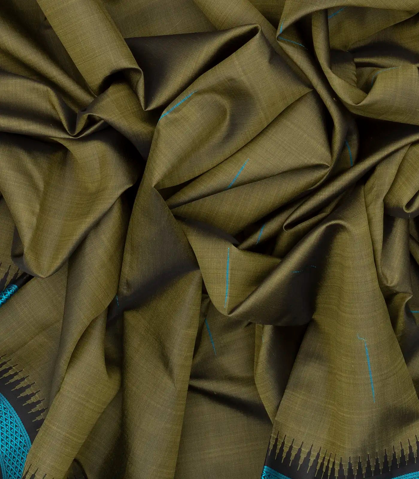 Dark Olive Handloom Kanchipuram Korvai Silk Saree With Raindrop Buttas