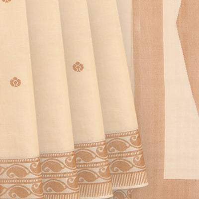 Cream Handwoven Tussar Silk Saree With Kamalam Motifs & Mango Vine Motifs in Border-Cream